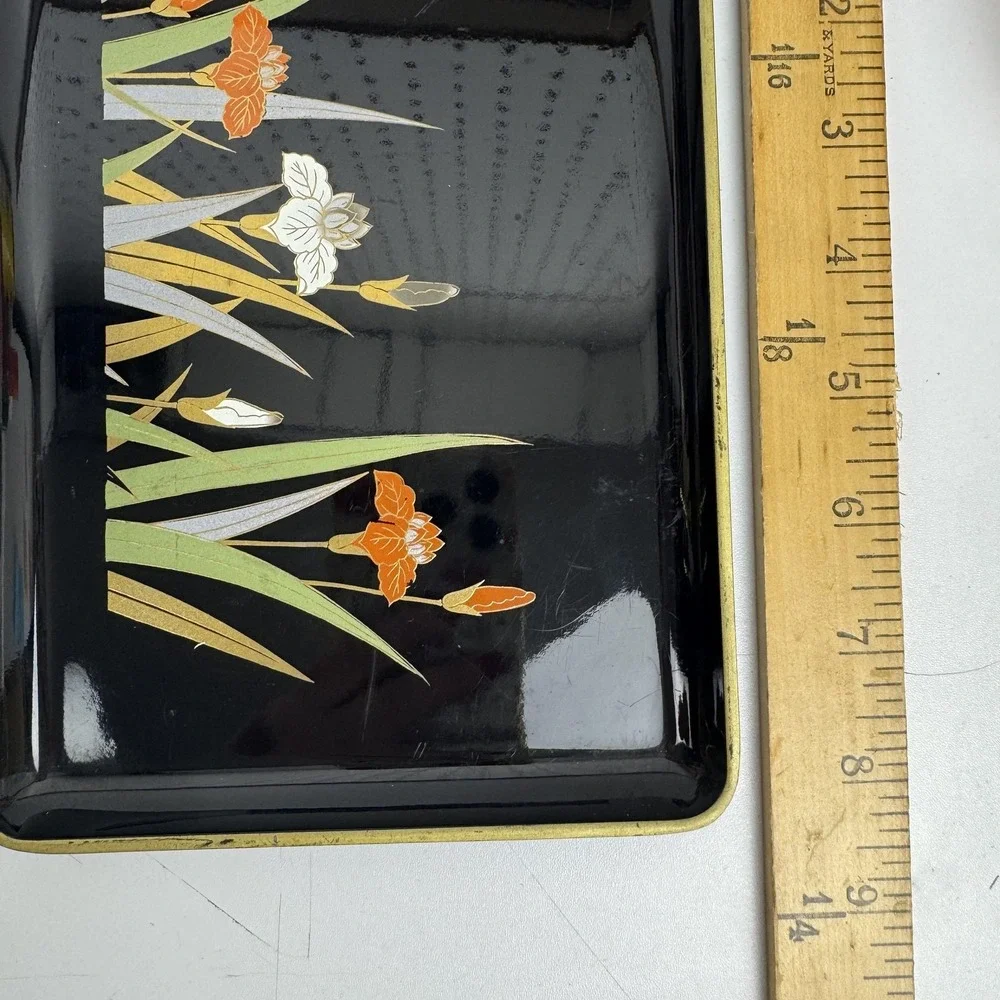 VVtg Otagiri Japan Black Lacquer Tray Iris Floral Gold MCM Serving‎ Trayr